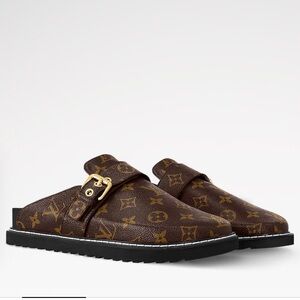 Louis Vuitton Monogram Brown Slip-On Mule with Gold Buckle